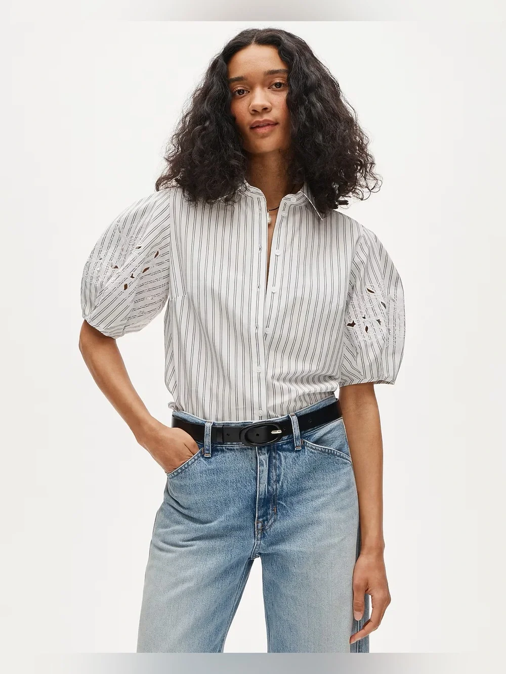 J.Crew Eyelet puff-sleeve shirt in striped cotton poplin in ivory blue